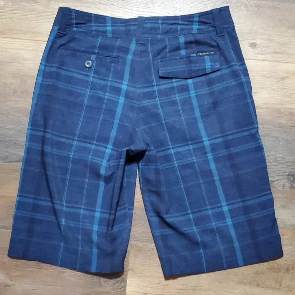 O'Neil blue plaid hybrid board shorts gor buckle